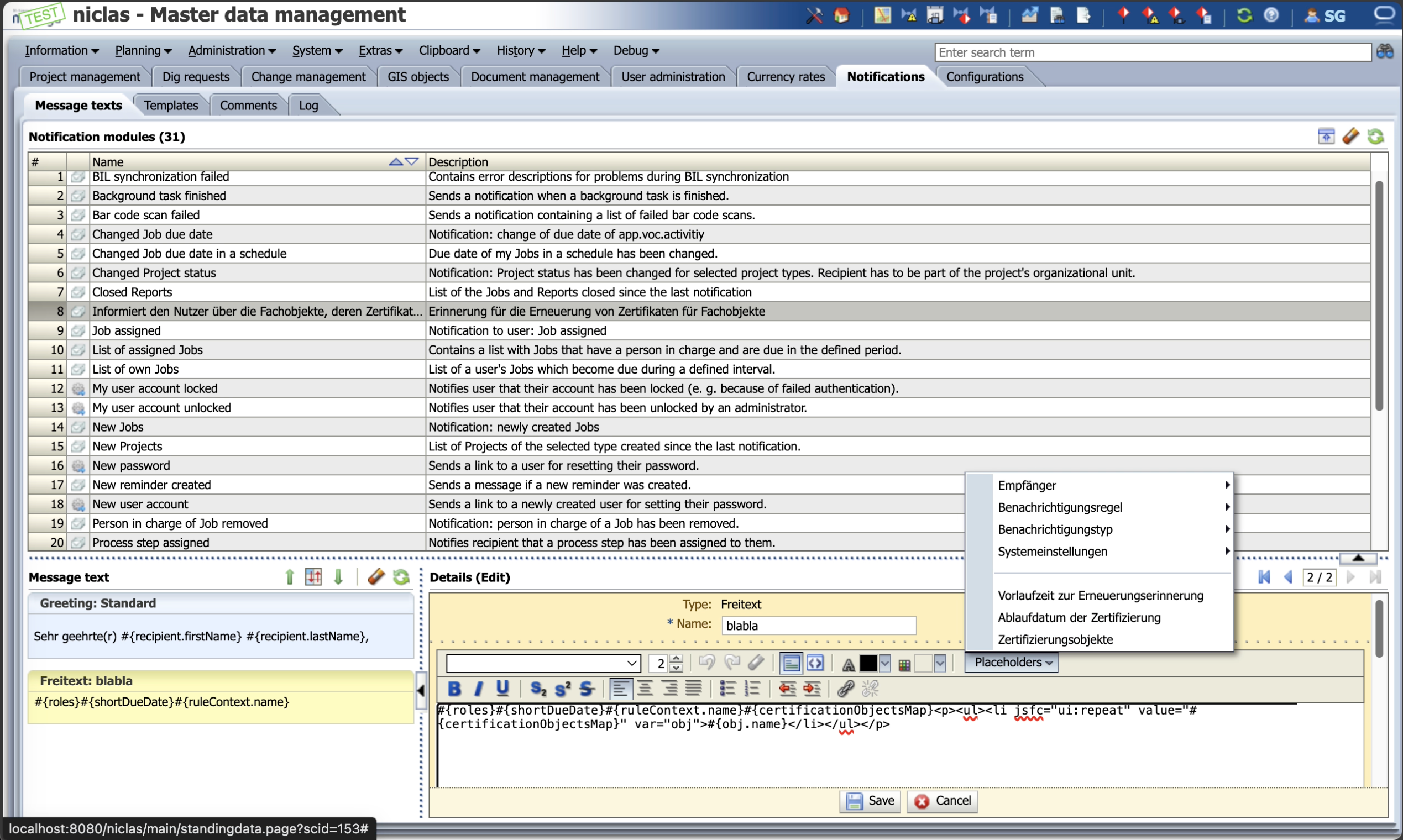 E-Mail Konfigurationsoberfläche